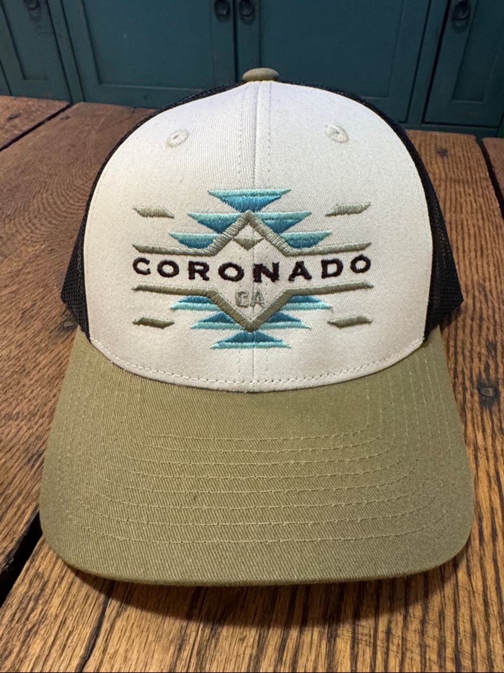Corona Beige, Olive & Teal Embroidered Trucker Hat